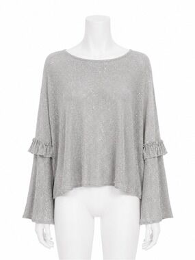 ZARA Knitwear Grey Silver Sparkle Bell Sleeve Blouse Metallic Medium NWT